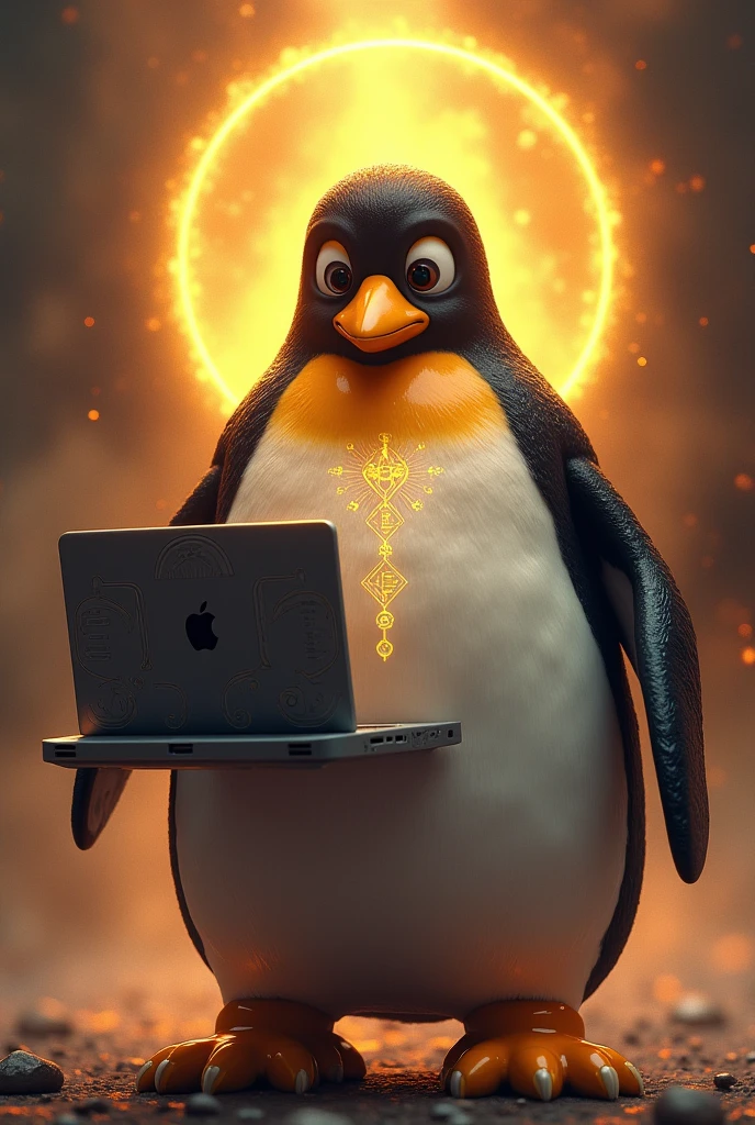 Make me the Linux Tux Penguin but as if he were a god with a ring of light behind him and holding a laptop