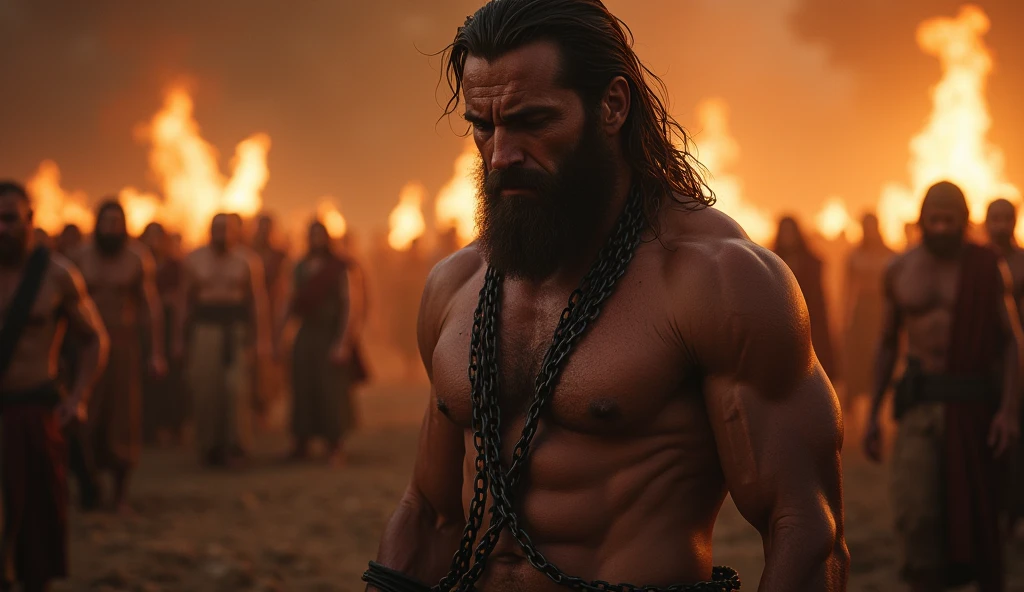 Samson, now captured, with the Philistines celebrating in the background. He's chained up, with a look of despair, while the environment is lit by torches.