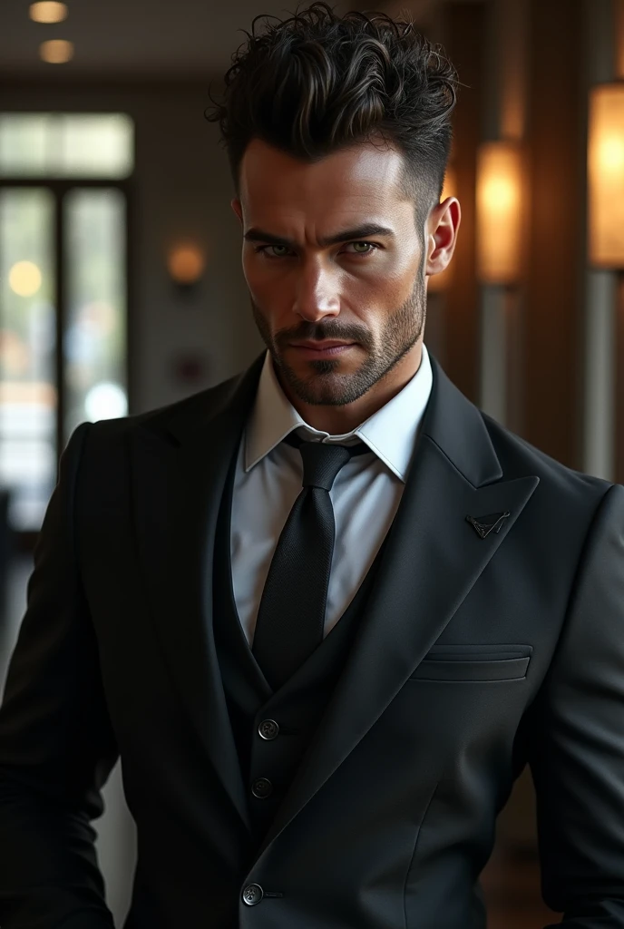alpha man, comely,Cao Cao,brawny. Style 3 sleeve suit/4, modern stylish bold lawyer. sexy, piercing gaze, harmonious teeth with slightly sharp fangs. unsmooth skin, well designed mouth. Curly pompadour hair styled a little mohawk cut on the sides. Black eyes with greenish heterochromia.