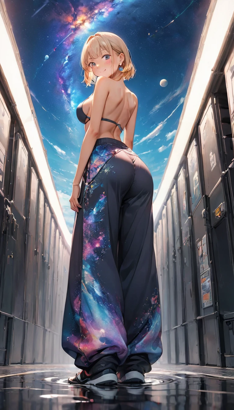 anime illustration, ((((highest quality)))), (((Ultra-precision CG 16K))), (((masterpiece))), BREAK skinny body, slender waist, medium Breasts, (((perky breasts))), ((sagging breasts)), (covered nipples), (((tanned skin, tan lines))) , BREAK ( smiling, blush, determined expression, sweaty , Heavy breathing, embarrassed, ) , (natural make), BREAK narrow eyes, (streaked hair, hair intakes, colored inner hair, ) BREAK (((wearing printed sexy oversized clothing , wearing wide-leg-pants, breasts is covered by outfit, (detailed panty)Narrow aisles,))) , wearing earrings , BREAK ( stick breast out, bending over, all four)) BREAK (( ripples , horizon , under the cosmic sky on the cosmic sea , cosmic effects)), (((looking at viewer, ))), BREAK ((cinematic , from behind, from below , (Distant view, Panorama), looking at viewer, )) , pinup magazine pose,