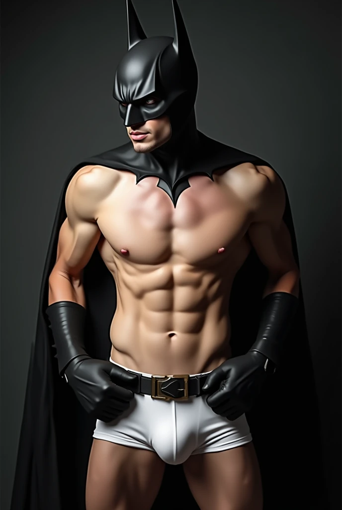 A white skinned man, fit and slim body with hands on waist, with a close-up capturing the strong abdomen and a volume in the white boxer briefs, wearing the official batman mask and sensual and outgoing personality.