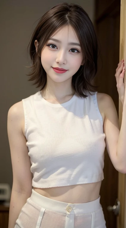 blush a little and smile, (Top quality masterpiece:1.2) Delicate illustrations, Very detailed, /Beautiful Japanese Women、1 person,Very cute and slim、Great style 、((8k images、super high quality))、Very delicate face, Skin and Hair、Big Breasts、beautifule forehead、Red lipstick、(((((short hair、Brown Hair、lure))))),Very cute Japanese cut face、Eyes and nose are clearly visible、Kind eyes,((((White sleeveless fashion))))