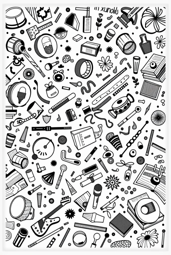 black and white linear drawing with various cultural elements, Objects/symbols scattered separately occupying the entire space in mosaic. drums, tambourine, transverse flute, cuica, cavaquinho, guitar, theatre mask, flowers, cameras, terrestrial globe, textbooks, saxophone, mike. realisitic


