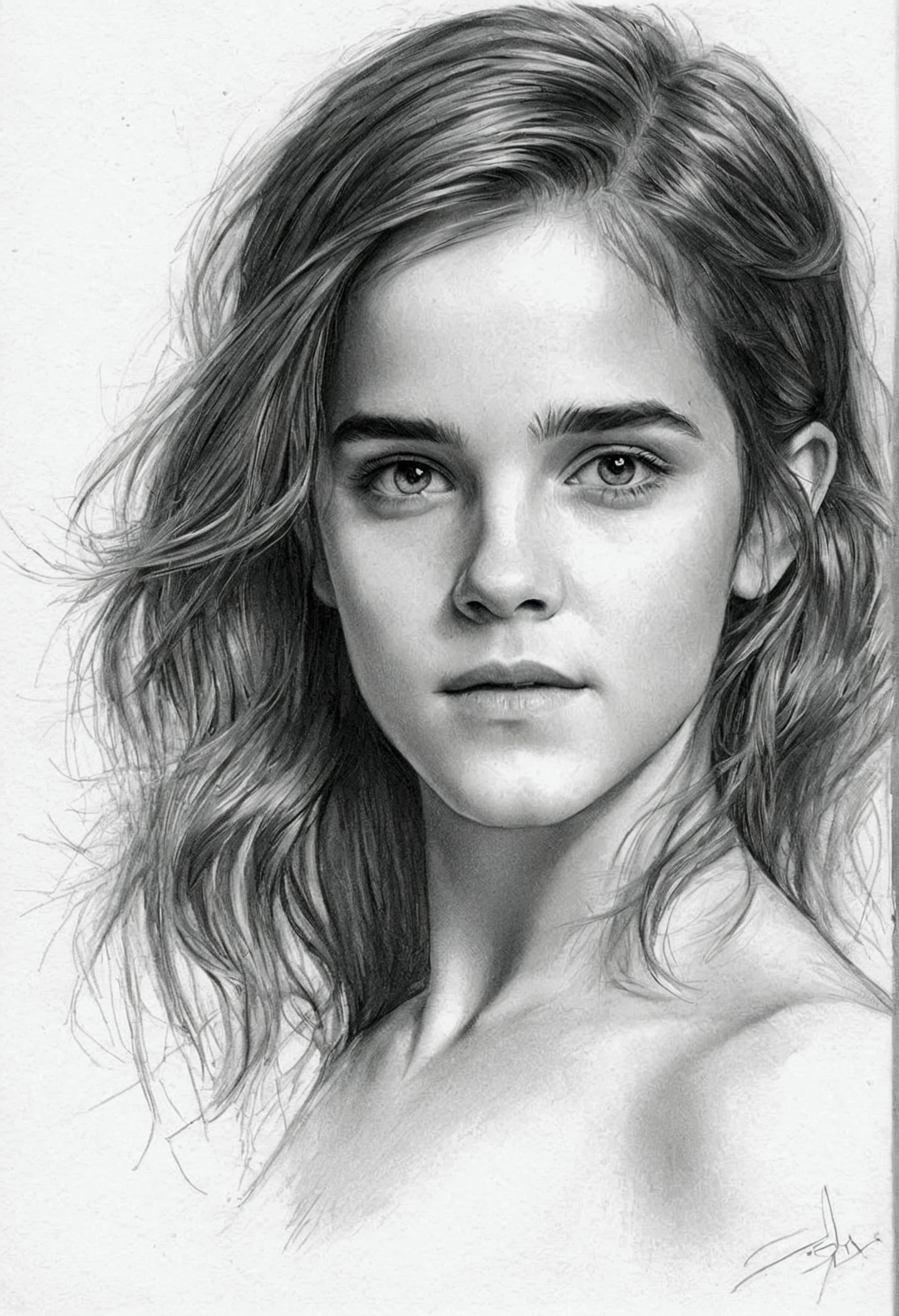 A delicate, graphite sketch portrays, a nude beautiful young Emma Watson, medium firm breasts, round and firm nipples, without background, her features rendered in subtle shading and precise lines. The half body framing is tight, focusing attention on the subject's serene face. Soft, feathery strokes convey the gentle texture of her hair,