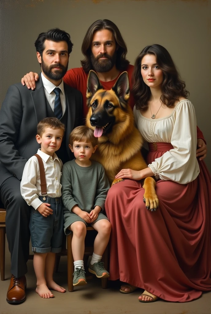 Classical style painting of a family (a 26 year old black haired white man, two s 3 and 4 years olh dark hair, and a woman with medium brown wavy hair) an adult German Shepherd and Jesus Christ