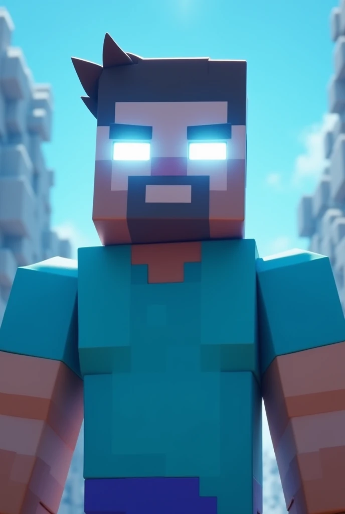 Steve from Minecraft with glowing white eyes dadass , your muscular body , with a light blue cartoon style shirt