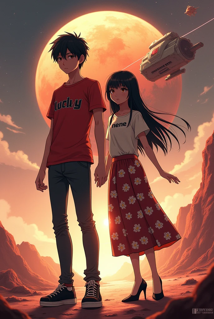 1 Japanese man,Age 27,black short hair,Red short-sleeved shirt with the words "Lucky" written on it.,skinny jeans,black shoes,Clock,1 Japanese woman,Age 18,long black hair,White long-sleeved shirt with "Nene" written on it.,Floral long skirt,high-heels,atmosphere,Mars,Lion-shaped spaceship,Anime