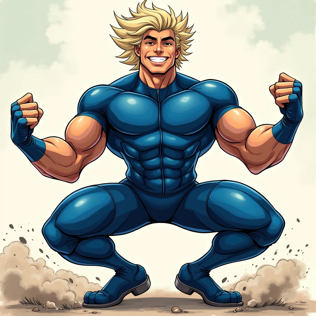 anime art: marvel art style, a masculine 22-year-old male with a big bulge, wearing blue cycling outfit , he's squatting down, flexing biceps, fluffy hair, smile
