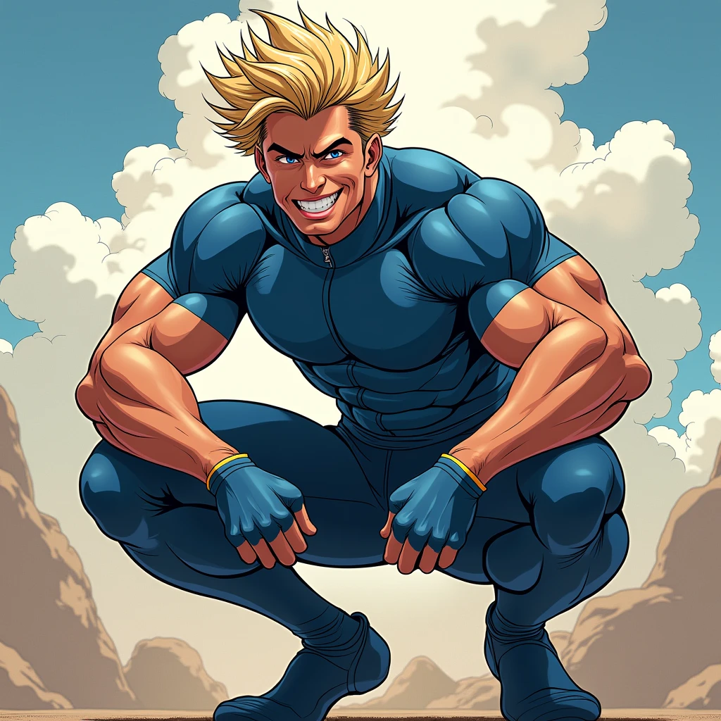 anime art: marvel art style, a masculine 22-year-old male with a big bulge, wearing blue cycling outfit , he's squatting down, flexing biceps, fluffy hair, smile