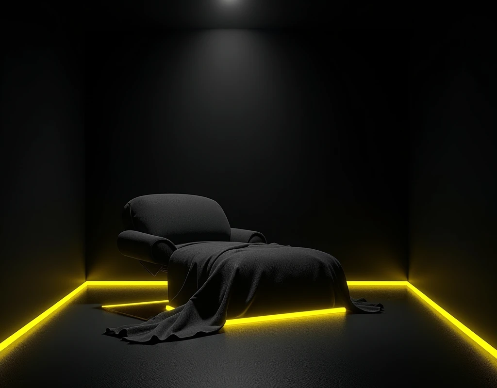 Black Room. There is a yellow ice tape along the bottom of the wall.. Image of a room in zig-zag perspective. Black furniture. It's very dark in the room..