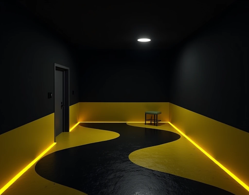 Black Room. There is a yellow ice tape along the bottom of the wall.. Image of a room in zig-zag perspective. Black furniture. It's very dark in the room..