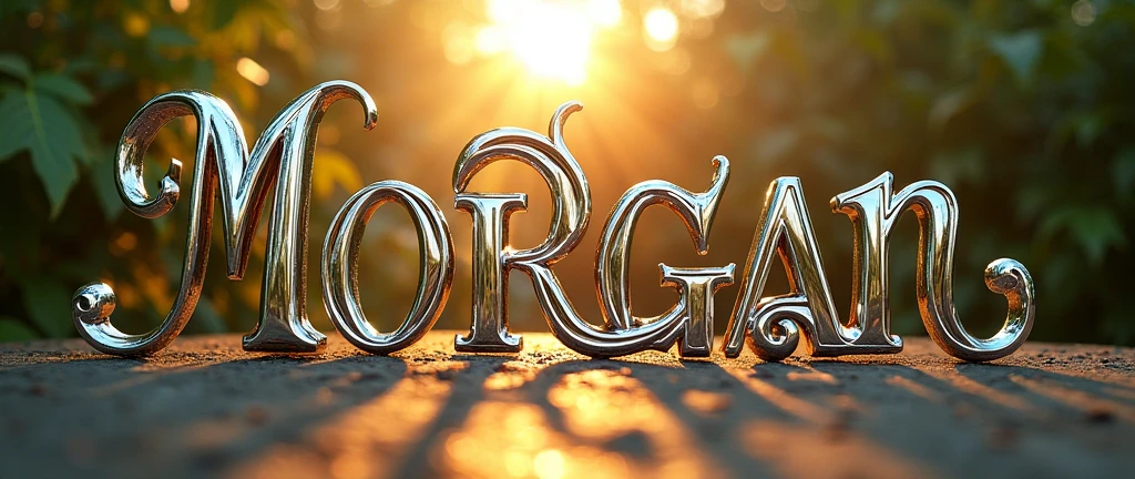 (text:"ARTBYMORGANCMORGAN") The word, straight view sunlit text face, in Art Nouveau fancy thin script style, shiny highly polished silver chrome and thin coloured glass reflecting a tropical garden, heavy metal art nouveau flowing shapes and flourishes, front face view on open background, logo, badge, emblem, insignia, label, photorealistic, extremely detailed, beautiful, unique, epic, creative, artistic, artisan, expert, finesse,
