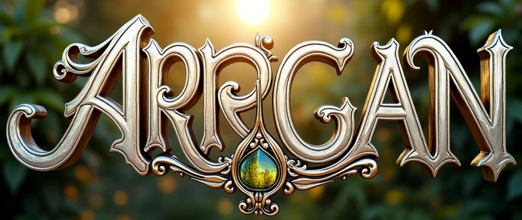 (text:"ARTBYMORGANCMORGAN") The word, straight view sunlit text face, in Art Nouveau fancy thin script style, shiny highly polished silver chrome and thin coloured glass reflecting a tropical garden, heavy metal art nouveau flowing shapes and flourishes, front face view on open background, logo, badge, emblem, insignia, label, photorealistic, extremely detailed, beautiful, unique, epic, creative, artistic, artisan, expert, finesse,
