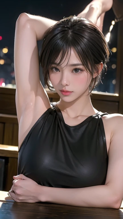 (:1.5, Very slim:1.4, Very short hair), (On the table:1.3), (8K, Practical, RAW photos, best quality: 1.4), Pretty Face, (shortcut:1.3), Practical eyes, beautiful eyes, (Genuine Leather), Beautiful Skin, 超high resolution, Ultra-realistic, high resolution, (夜のsports場, sports:1.5), sports, (Please show me your armpits:1.4), (Put your hands behind your head:1.2)