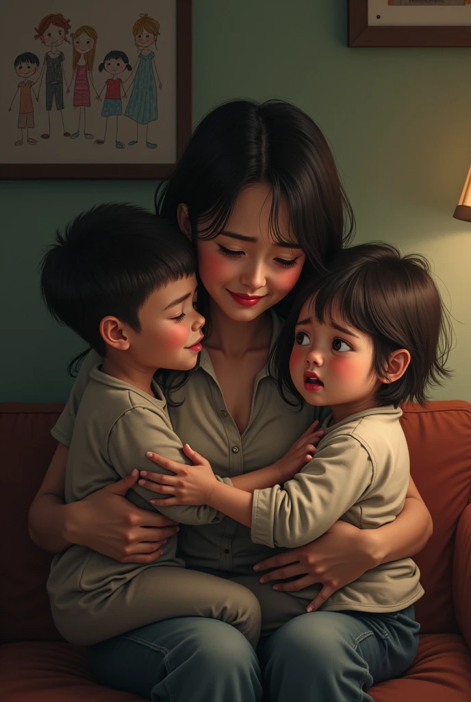 Create an image of a woman with two children crying when her husband leaves her