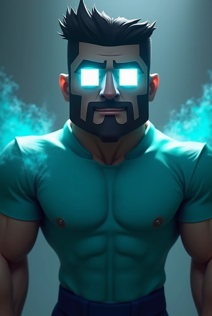 Steve from Minecraft with glowing white eyes dadass , your muscular body , with a light blue anemone style shirt