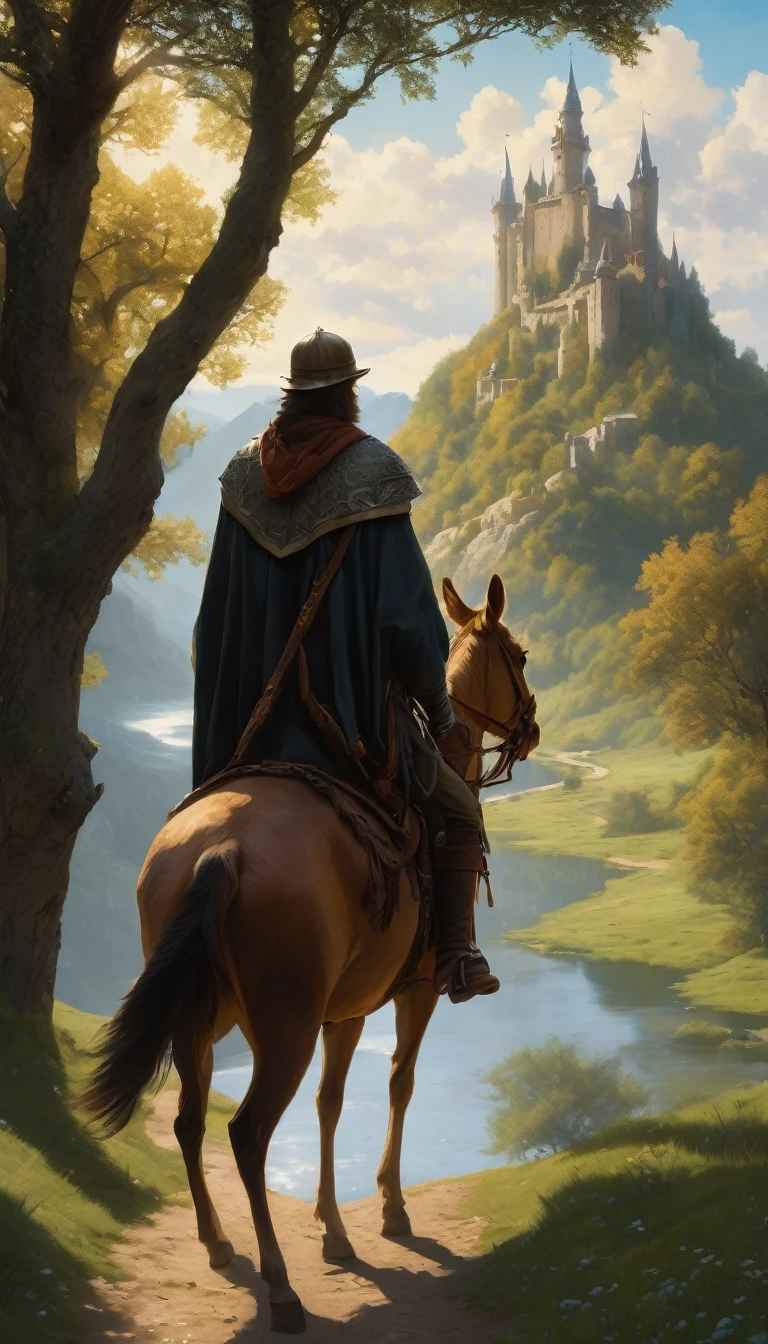 Image with many details, in the world of adventure and fantasy, beautiful landscape, harmonious nature, the figure of a medieval adventurer (viewing angle from behind) wearing a cloak, carrying a traveler's bag and a small wooden crucifix as accessories, is riding along a road on his horse. The scene is a beautiful landscape, the clouds are providing shade, deer are drinking on the riverbank, several trees, birds passing through the sky, on the horizon an ancient castle on a mountain, the moment is surrounded by magic and fiction, realistic painting, (focus of vision on the entire scene) (Carl Bloch) (inspired by the game "final fantasy") (inspired by fable books) (Best quality) (detailed) 8k, 1080p