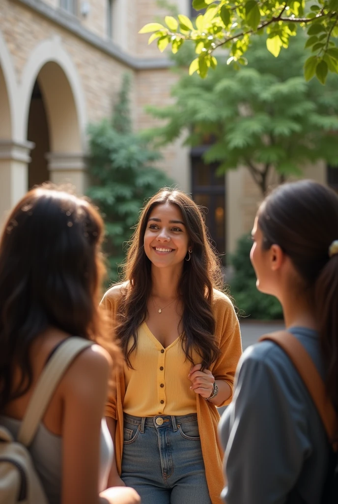 Realistic Photo Brazilian woman, at college, in the courtyard with friends
