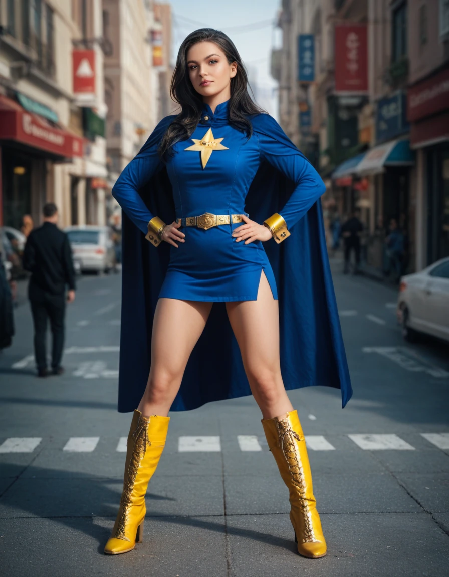 ((best quality)), ((masterpiece)), ((ultra realistic)), (dynamic heroic pose), solo, solo focus, beautiful detailed face, detailed eyes, sexy reporter, ((dressed in a b)), new york city backdrop, highly detailed, professional, bare legs, full body), hands on hip, standing, ((long black hair, long hair)), green eyes, matching boots, yellow boots, ((long sleeves, yellow cuffs)), ((yellow hawk symbol on chest)), ((blue cape)), cowboy shot, ((fastened tight belt, gold belt)), (perfect hands, complete fingers, perfect anatomy, perfect proportions), full body with costume.