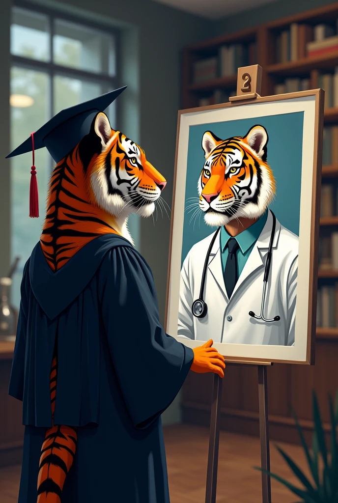 A university tiger looks at the photo of a tiger who is a doctor 