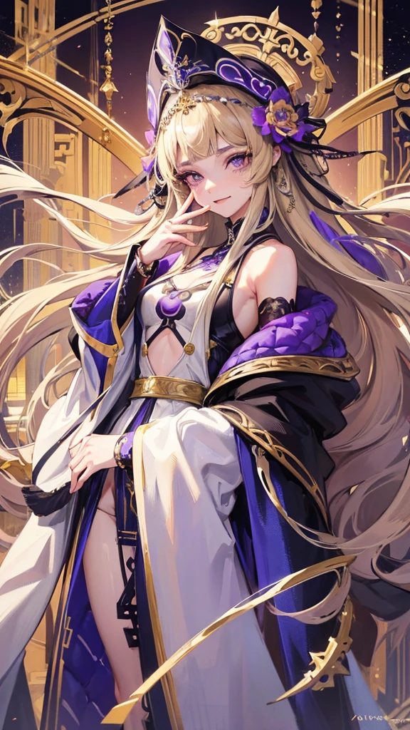 1 girl, anime, high quality, intricate details, futuristic, Greek aesthetic, streetwear, robes, tall, muscular, ancient aesthetic, silver jewelry, flirty, straight bangs, goddess aesthetic, smirk, long hair, headdress, confident, violet eyes, blonde hair, curvy, freckles