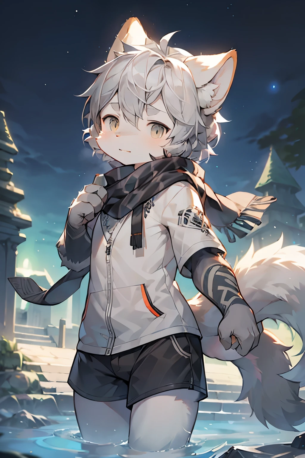 Gray Wolf Boy,Hairy boy,Babies and features,Gray hair,Gray skin,Black Arm,scarf,Short sleeve,shorts,,3D rendering abstract background, Northern Lights