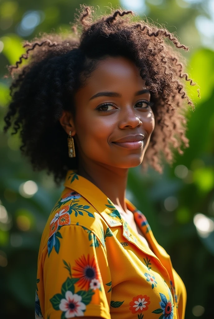 A Brazilian woman in a lush tropical garden, wearing an open shirt with a floral print, with a close-up capturing the harmonious beauty between her breasts and the natural flowers, showing off your natural charm and outgoing personality.