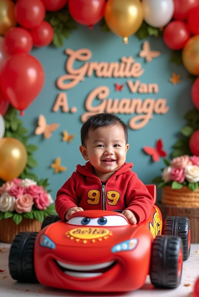 real Pinoy 5 years olcQueen racing car outfit with name wall"Granite Van A. Guanga Turning to 3"with cake flowers baloons butterflies riding in toy car.