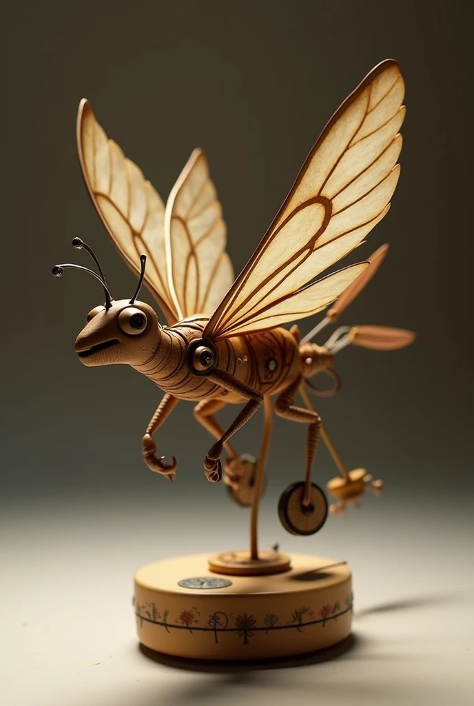 Create a DaVinci Flying Machine toy with automatic movement that when activated plays a song like the mechanism of a music box and moves the wings at the same time