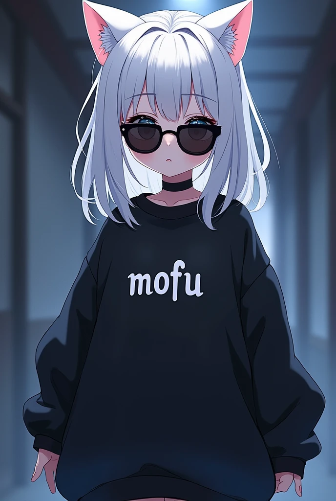 young anime girl, gothic, whitehair, Black oversized sweatshirt with a written text that says "MOFU" , with sunglasses and white cat ears