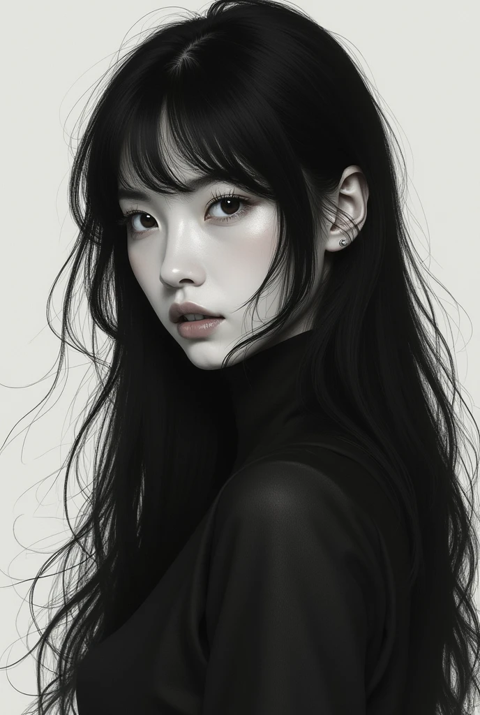 Woman with long black hair and bangs Minimalist 