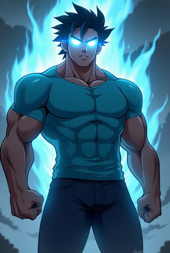 Steve from Minecraft with glowing white eyes dadass , your muscular body , with a light blue anime style shirt