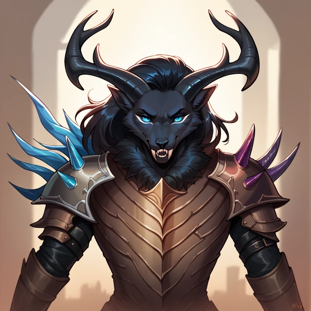 ewgengster \(artist\), score_9, score_8_up, score_7_up, score_6_up, Evil Elk with ebony black fur and electric blue eyes in demonic armor