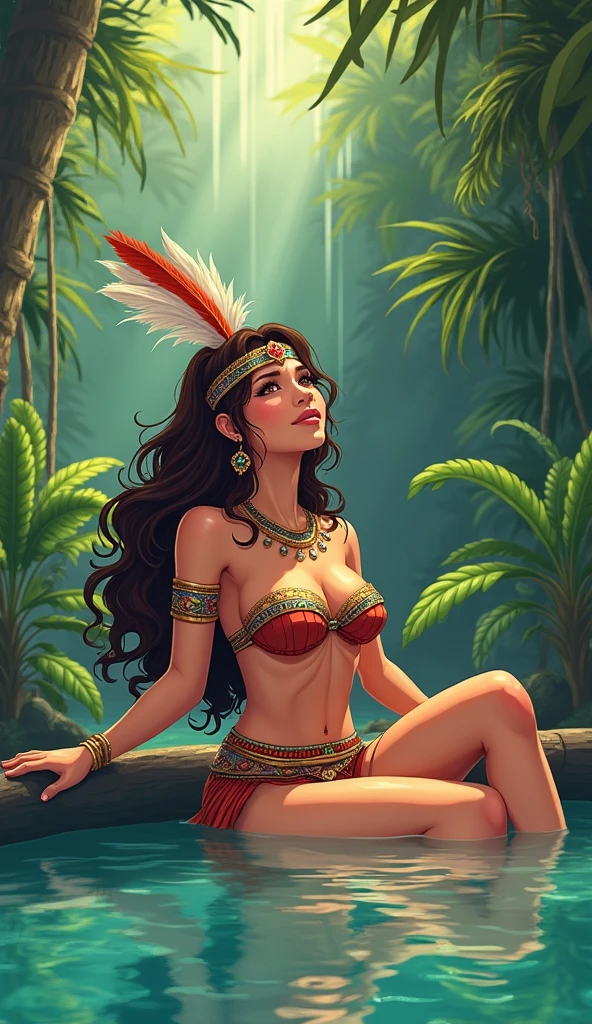 "Create an anime style illustration of a aztec warrior woman in her 20s dressed up as a cute Mexican anime character. She's in a tropical jungle in a cozy cenote, relaxing. She has long, wavy brown hair that's parted on the side. She's wearing an Aztec warrior outfit, a pleated skirt, and a feather crown in her hair. The soft light of the jungle illuminates her as she enjoys a quiet moment in nature."