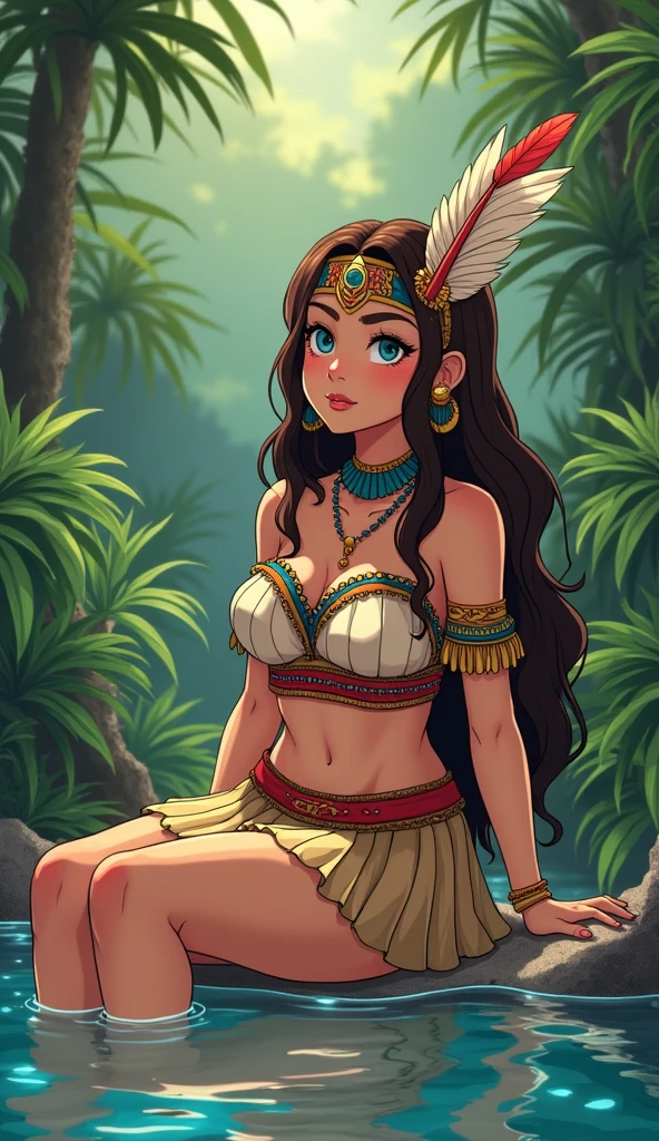 "Create an anime style illustration of a aztec warrior woman in her 20s dressed up as a cute Mexican anime character. She's in a tropical jungle in a cozy cenote, relaxing. She has long, wavy brown hair that's parted on the side. She's wearing an Aztec warrior outfit, a pleated skirt, and a feather crown in her hair. The soft light of the jungle illuminates her as she enjoys a quiet moment in nature."
