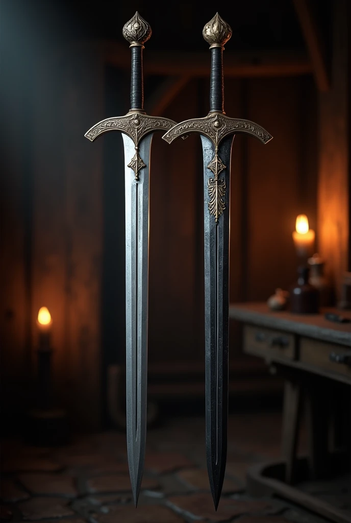 Two small medieval swords of different colors
