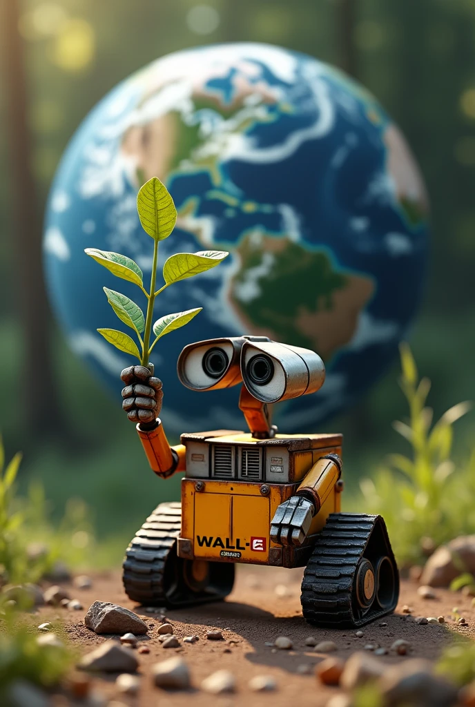 Generate me an image of Wall-E in MDF holding a three-stemmed plant with the earth
