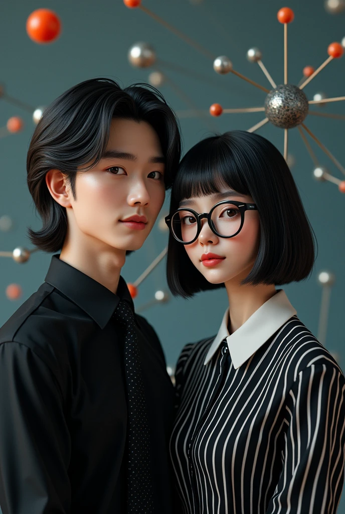 Un garçon avec une chemise noire et une cravate noire avec des petits points blancs cheveux longs et noire et une fille coupe de cheveux au carré plongeant avec des yeux verts et des lunettes, avec une chemise noire à rayures blanches. Puis derrière en fond un atome