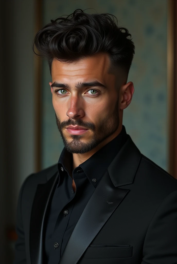 alpha man, comely,Cao Cao,brawny. Style 3 sleeve suit/4, elegant and bold lawyer. sexy, piercing gaze, black mirrored eyes. harmonious teeth with slightly sharp fangs. Smiling Smooth Skin, well-shaped mouth without beard. Wonderful young man. A rare beauty. Curly pompadour hair styled a little mohawk cut on the sides. Black eyes with greenish heterochromia.