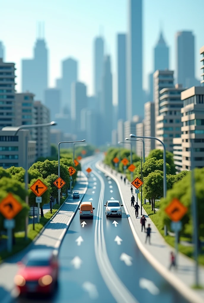 Model city landscape with the main road safety signs
