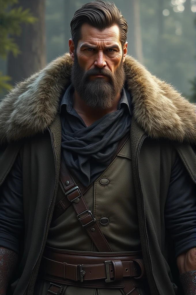 He is described as having a more robust build compared to Dante.. His hair is brown and he has a beard that gives him a more mature look.. His eyes are dark, and has a solid presence that reflects his physical strength and determined character..