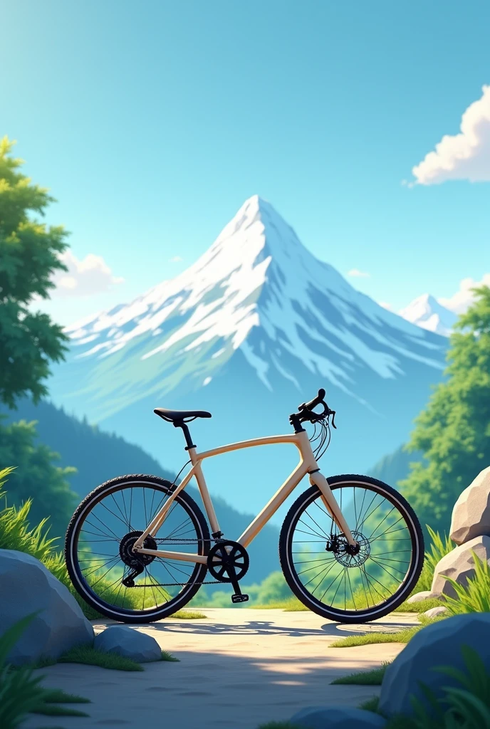 Generate a mobile wallpaper that includes a bicycle in the design with a mountain."