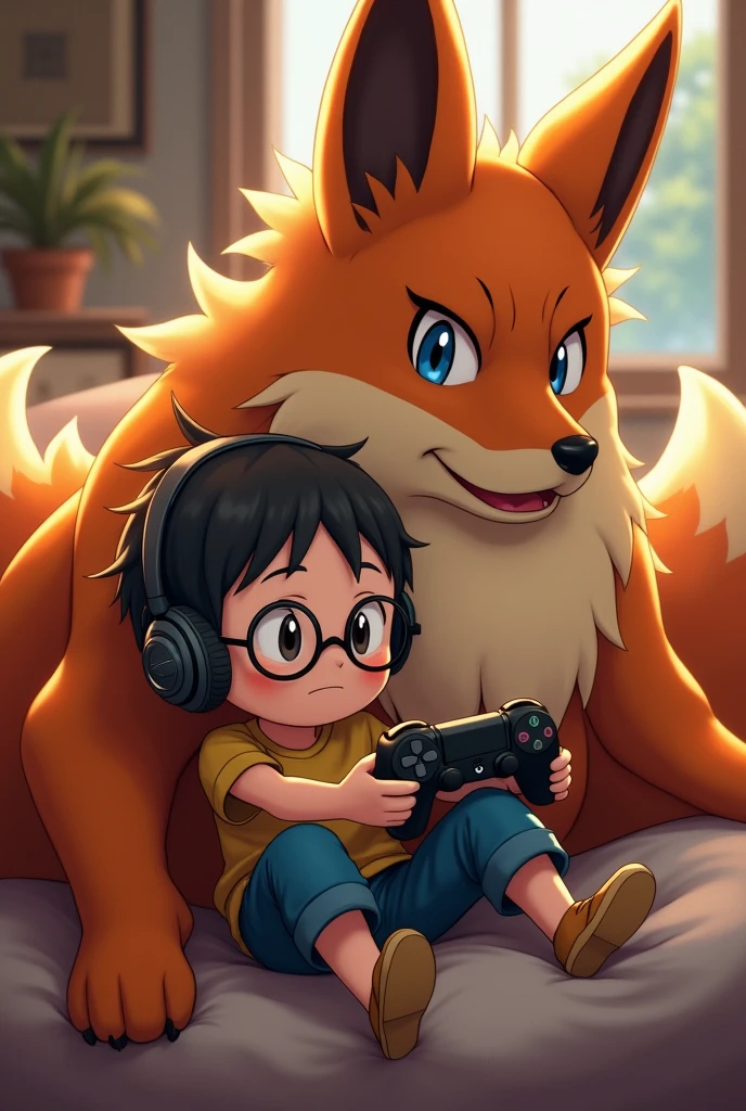 Short trainer with glasses and headset playing with PS4 controller leaning on her arcanine