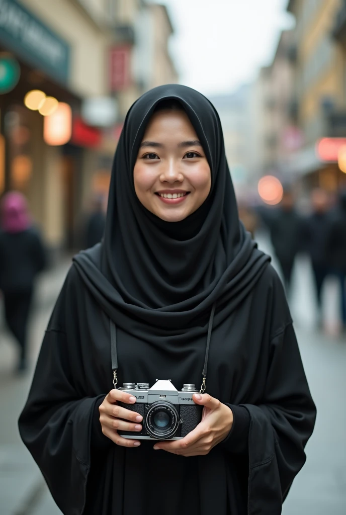 photo of a beautiful slightly fat Asian girl wearing a hijab and black robe, 20 years old, carrying a vintage camera, smiling towards the front, urban view with lots of people passing by, bokeh, focus on her, Fujifilm colour style