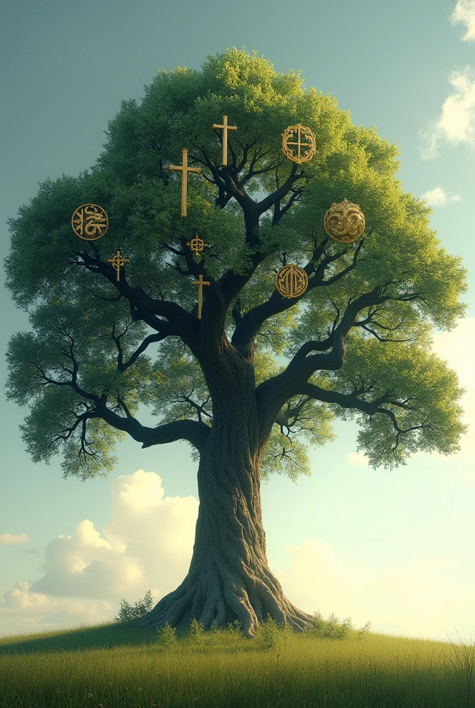 Tree of Beliefs: A large tree with branches holding religious and philosophical symbols instead of leaves. This tree can be in an open field, symbolizing the growth and coexistence of different beliefs.