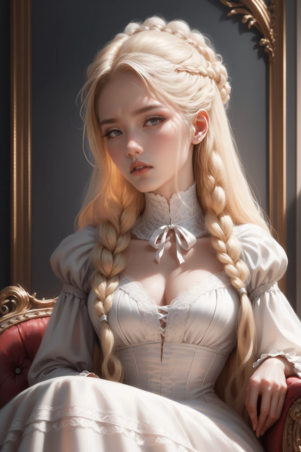 {-erro_de_anatomia:1.0} woman 30 years old, victorian era,victorian clothes, (white dress), dark castle, a woman (beautiful), very long blond hair (blond hair), (gray eyes) . Indifferent look , merciless, dinamic poses, egoist smile, upper body, sitting, backwards, looking back