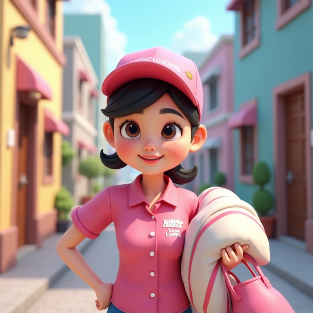 3D cartoon, HD, a Chinese woman as a laundry courier, wearing a pink shirt with text logo MISTER LONDRE no image just text, carrying a blanket, the title says CUCI BEDCOVER , background city , no caps , long shoot , in bedroom