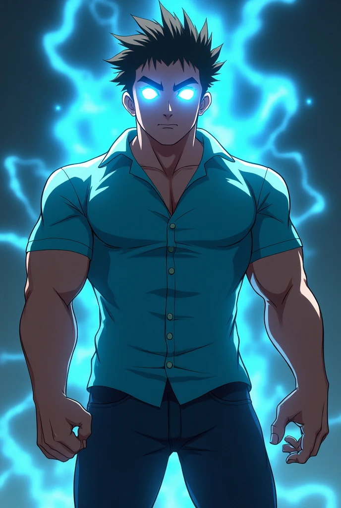 Steve from Minecraft with glowing white eyes dadass , your muscular body , with a light blue anime style shirt