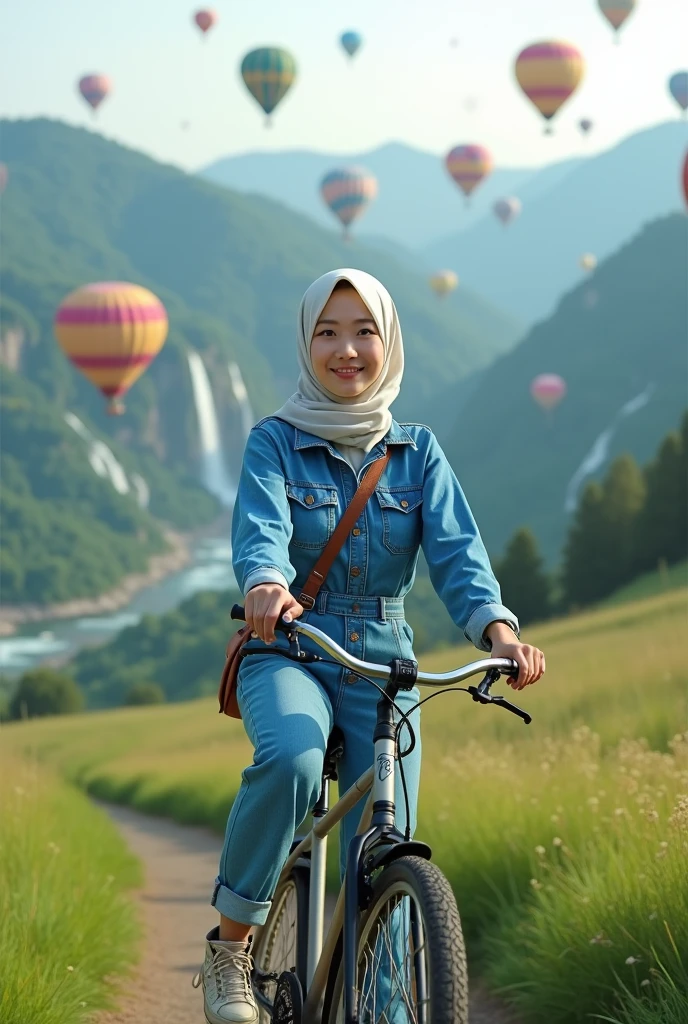 Beautiful Korean woman with white skin, clean and smooth, wearing a hijab, wearing a jeans jumpsuit, boots, wearing a bag, wearing a watch, riding a bicycle with a backdrop of mountain meadows, waterfalls, hot air balloons, original photo