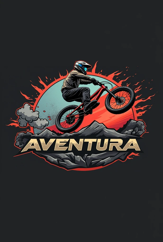 a colorful dynamic freestyle trekking team logo for AVENTURA, racing style font, distinctive stunt bicycle logo, extreme sports, bold colors, high energy, dynamic composition, artistically rendered, vibrant, striking, visually captivating, professional design, digitally painted, masterpiece, best quality, 4k, ultra-detailed,HD